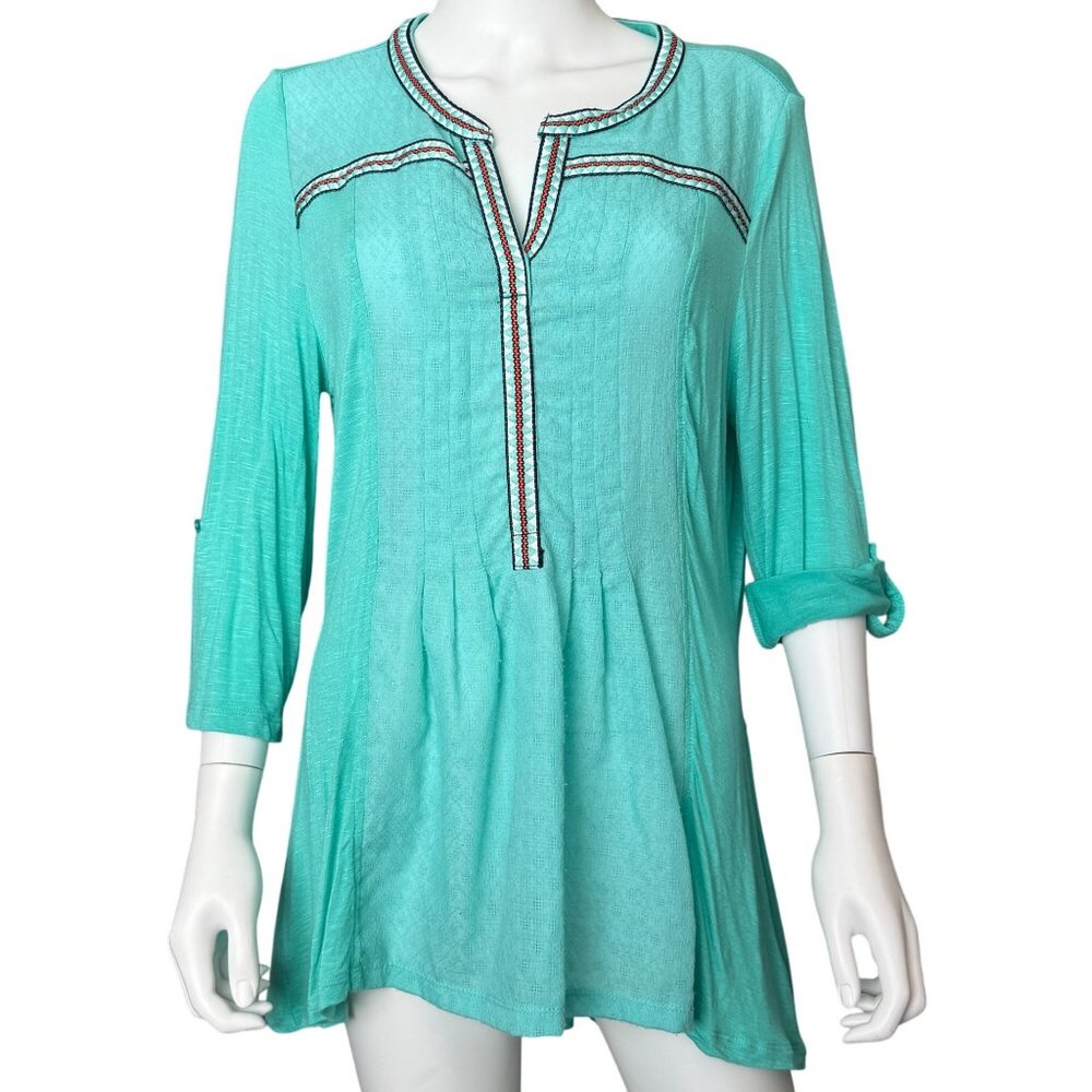 Westbound Embroidered Aqua Tunic 3/4 Sleeve Lightweight Top Womens Size Large